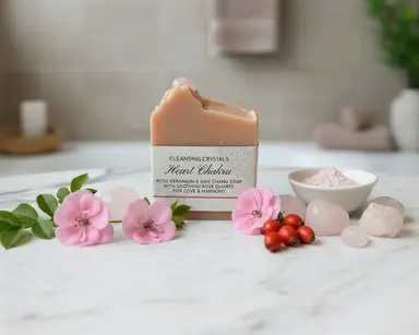 𩷠Cleansing Crystals ⢠Heart Chakra Themed Soap ⢠Rose Geranium & May Chang Essential Oils