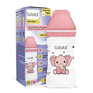 Tutots Baby Feeding Bottle - 250ml, Anti-Colic, BPA Free with Turbo Vent Nipple - Pink