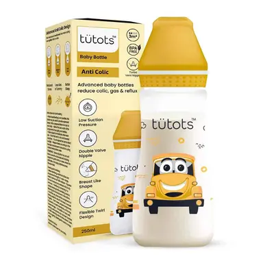 Tutots Baby Feeding Bottle - 250ml, Anti-Colic, BPA Free with Turbo Vent Nipple - Yellow