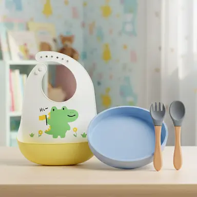 tutots Mealtime Messfree Kit Combo - Bib, Plate, Spoon & Fork