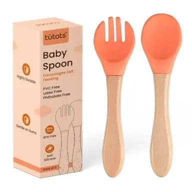 Tutots Baby Spoon & Fork Set – Soft Silicone, Wooden Handle, BPA-Free, Blue - Pack of 2