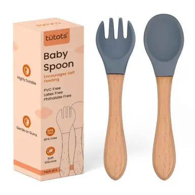 Tutots Baby Spoon & Fork Set – Soft Silicone, Wooden Handle, BPA-Free, Grey - Pack of 2