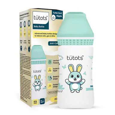 Tutots Baby Feeding Bottle – 250ml, Anti-Colic Slim Neck, BPA-Free with Turbo Vent Nipple, Green