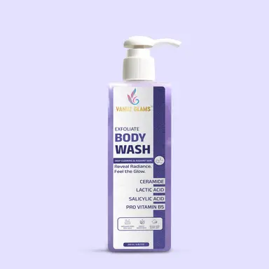 Vanue Glams Exfoliate Body Wash – Deep Cleansing & Radiant Skin with 2% Lactic Acid, 1% Salicylic Acid , 1% Ceramide and Pro Vitamin B5 – 250ml