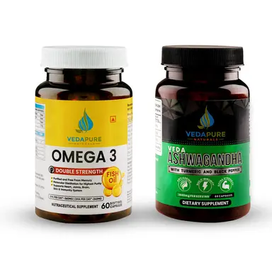 VEDAPURE Office D-Stress Combo Fish Oil Omega-3 Double Strength for Heart, Brain & Muscle function - 60 Capsules & Veda Ashwagandha Anxiety & Stress