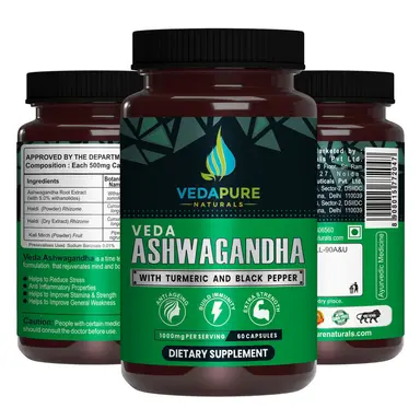 Vedapure Ashwagandha 100mg β Combats Stress & Anxiety with Turmeric & Black Pepper β 60 Caps.