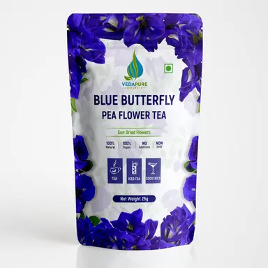 Vedapure Naturals Blue Butterfly Pea Flower Tea, Caffeine Free Flower Base, Antioxidant Rich Detox Herbal Tea - 25 g