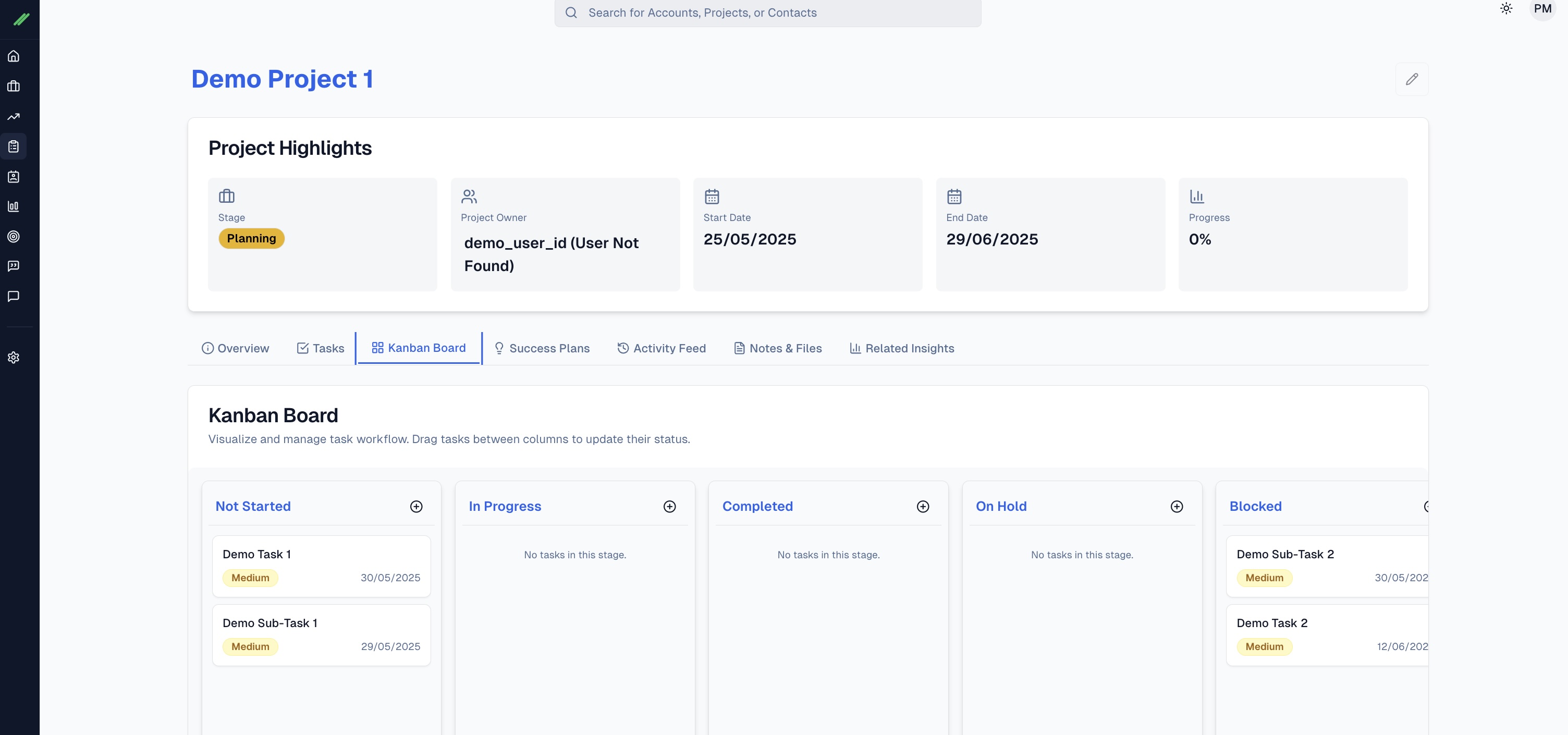 A screenshot of the GreenLane CRM project management view with a task list.