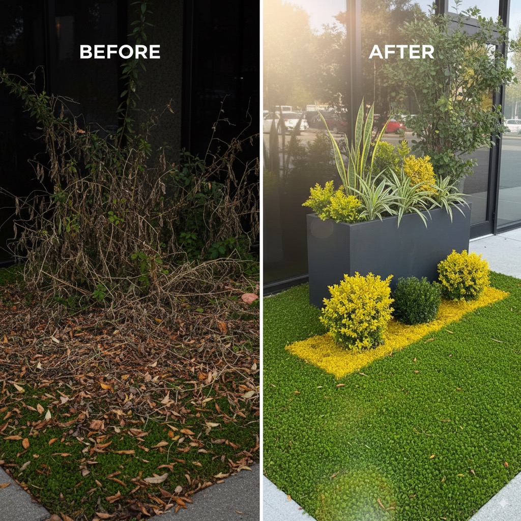 Garden path with green shrubs and trees