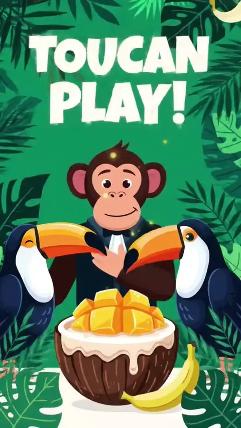 Humorous anniversary card featuring two toucans in a jungle wedding scene, vibrant colors, illustration style, tropical theme