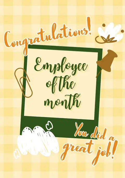 Animated Employee of the Month congratulations card featuring a handwritten font, checkered background, and office-themed doodles, cheerful and motivational