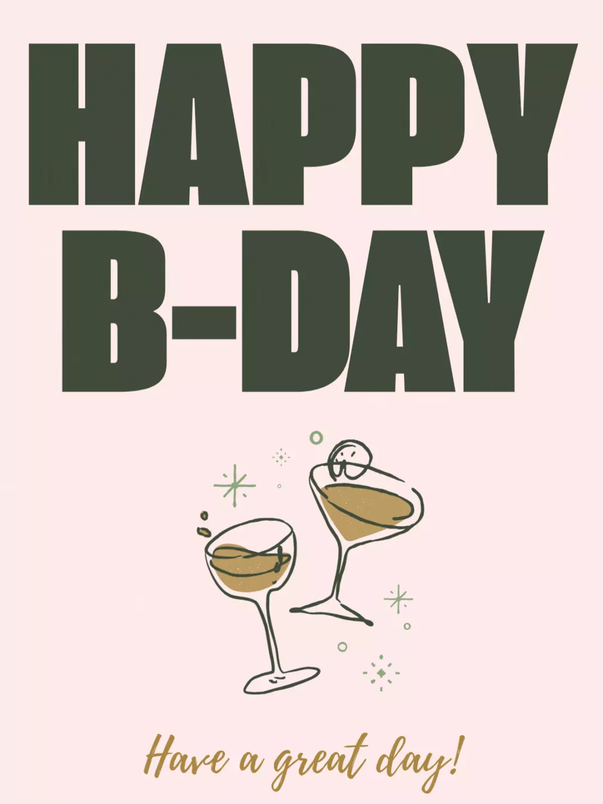 Birthday card with champagne glasses clinking, 'Happy B-Day' in block letters, pink background, modern and festive design, sparkles