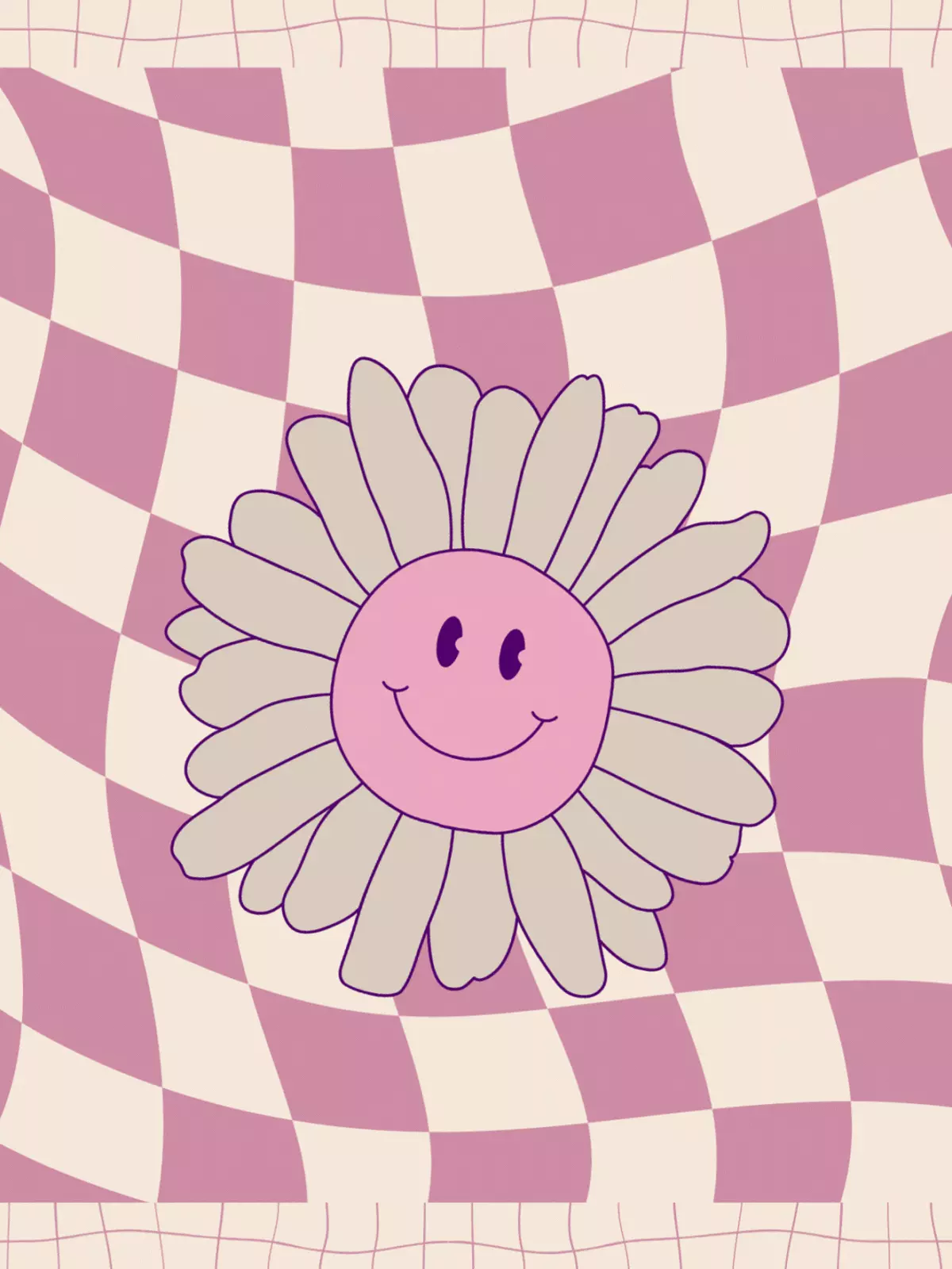 Animated new baby card featuring a cheerful smiling flower on a retro wavy checkerboard background in pink and cream, perfect for congratulating new parents.