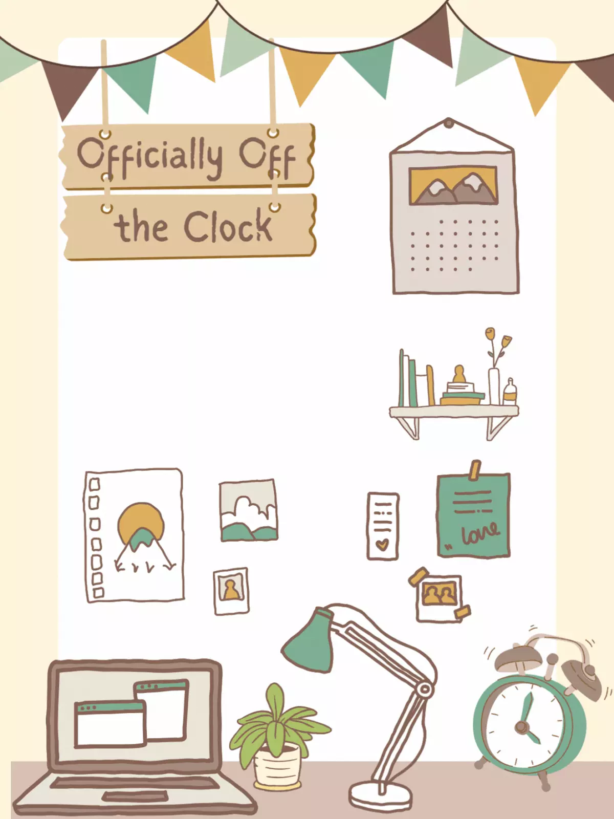 Whimsical retirement card with an illustrated desk, cozy workspace, and 'Officially Off the Clock!' message, celebrating the end of the workday