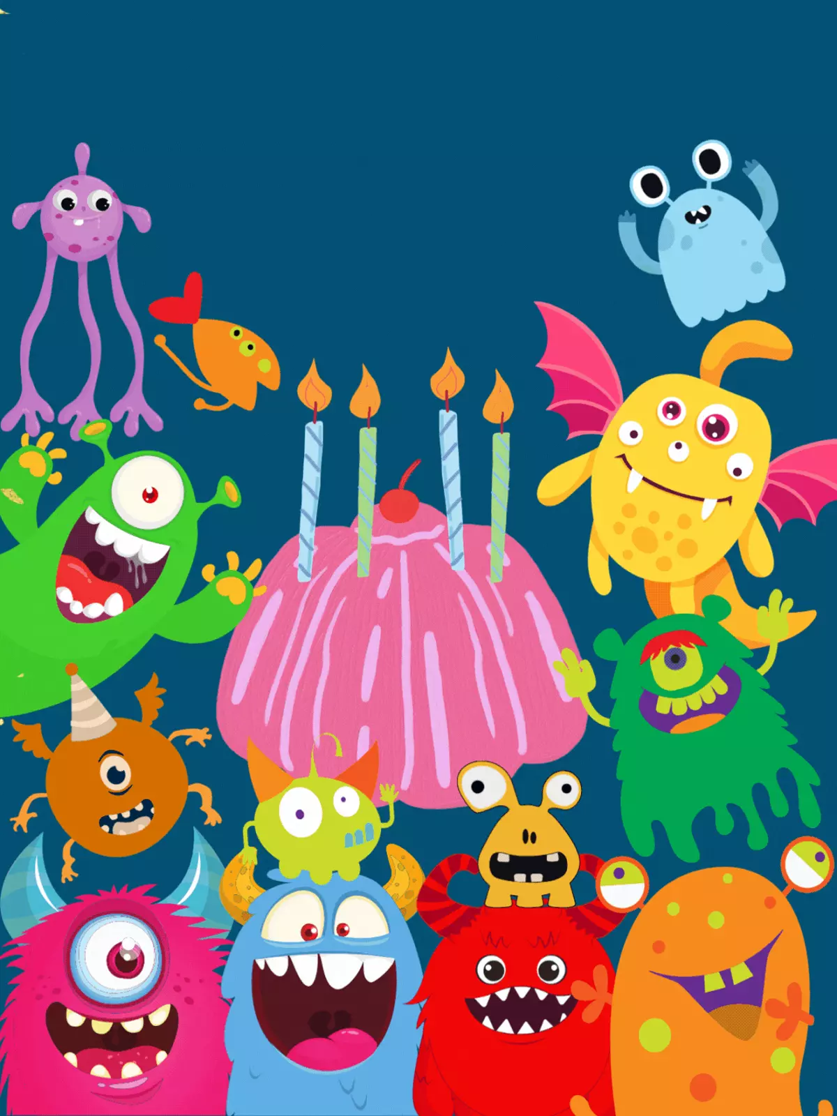 Colorful birthday card illustration featuring cute monsters celebrating with cake and presents, fun and whimsical design style, perfect for kids birthdays
