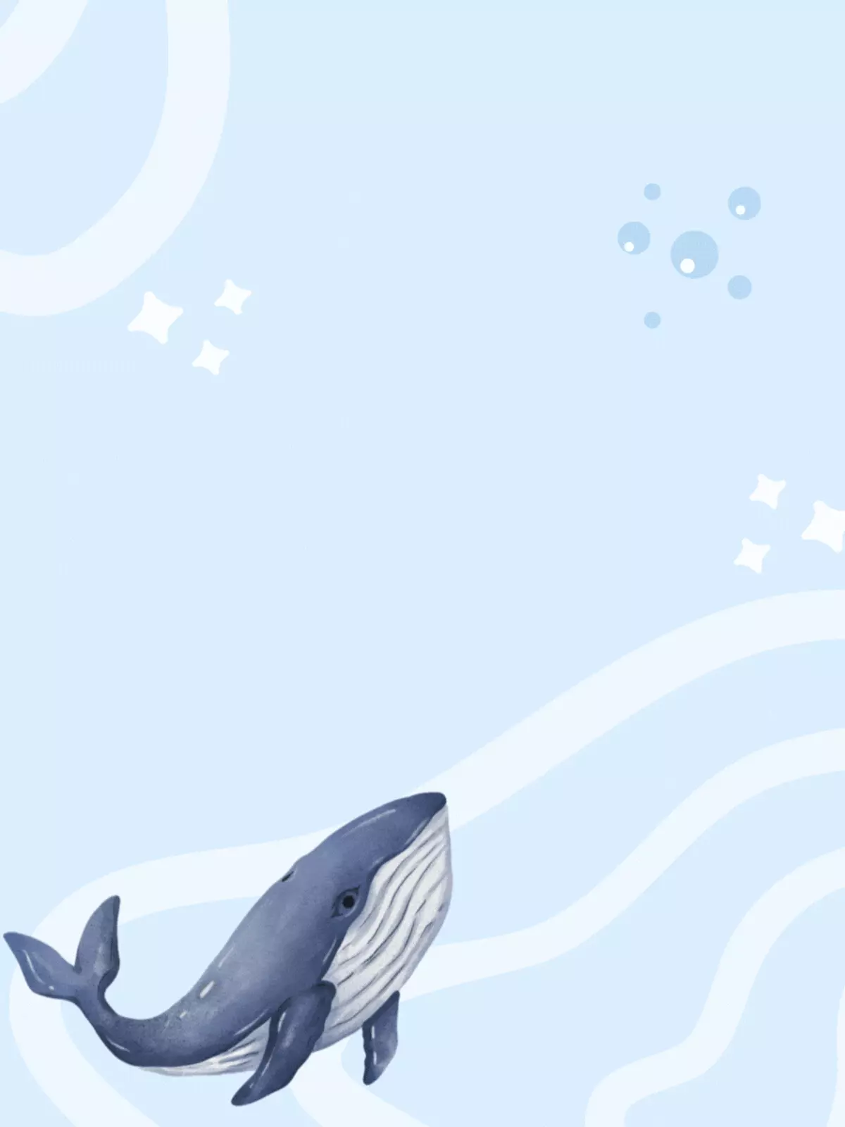 Illustrated birthday card featuring a graceful blue whale swimming in a peaceful underwater scene with bubbles and star accents, whimsical style.