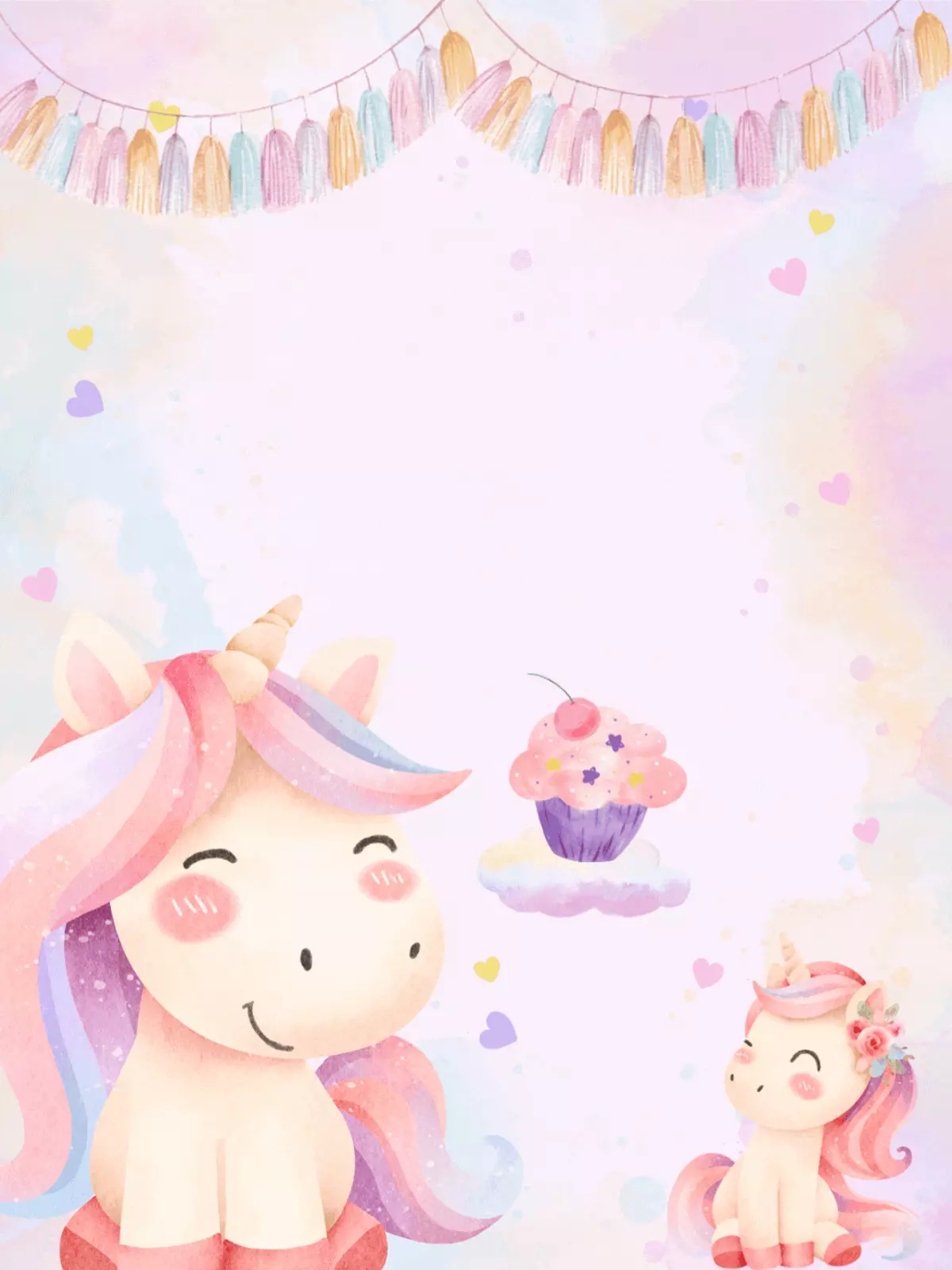 Cute and colorful birthday card featuring a unicorn and a floating cake, illustration design style, perfect for a magical birthday celebration.