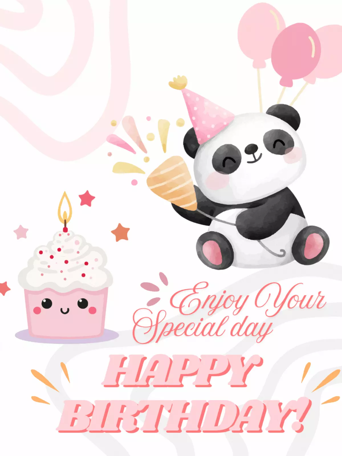 Adorable panda birthday card illustration featuring a panda with a party hat, confetti, balloons, and a cupcake, perfect for kids birthdays