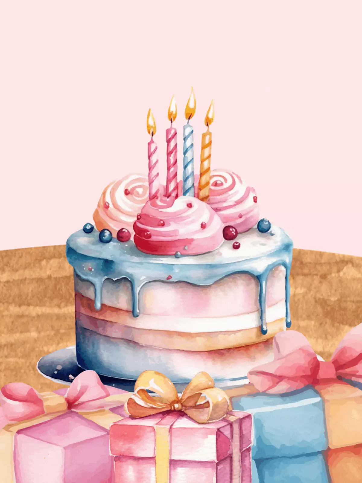 Colorful birthday card featuring an illustration of a decorated cake with candles, playful design style, perfect for birthday celebrations