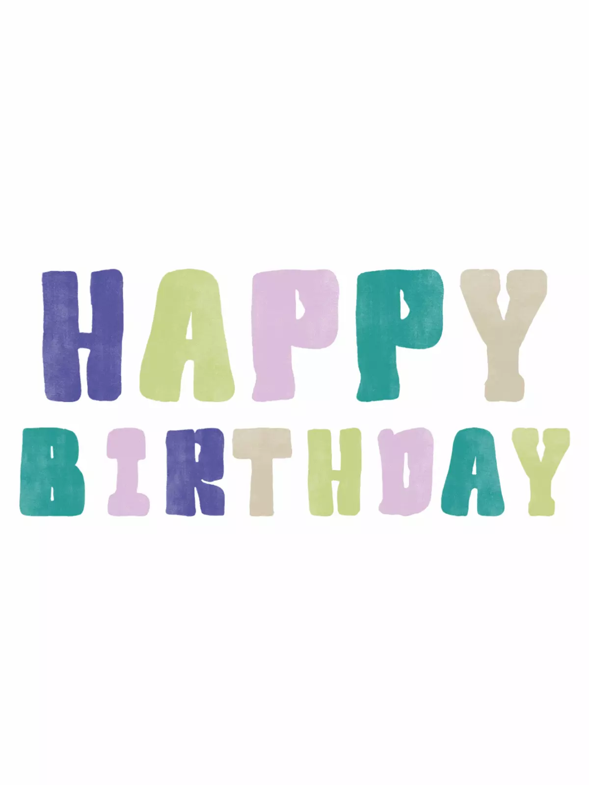 Colorful animated birthday card featuring bold pastel letters spelling HAPPY BIRTHDAY, minimalist design, cheerful and festive.