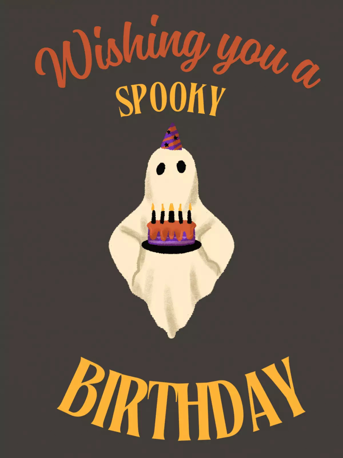Whimsical birthday card featuring a ghost wearing a party hat and holding a cake with candles, perfect for a spooky and fun Halloween-themed birthday celebration.