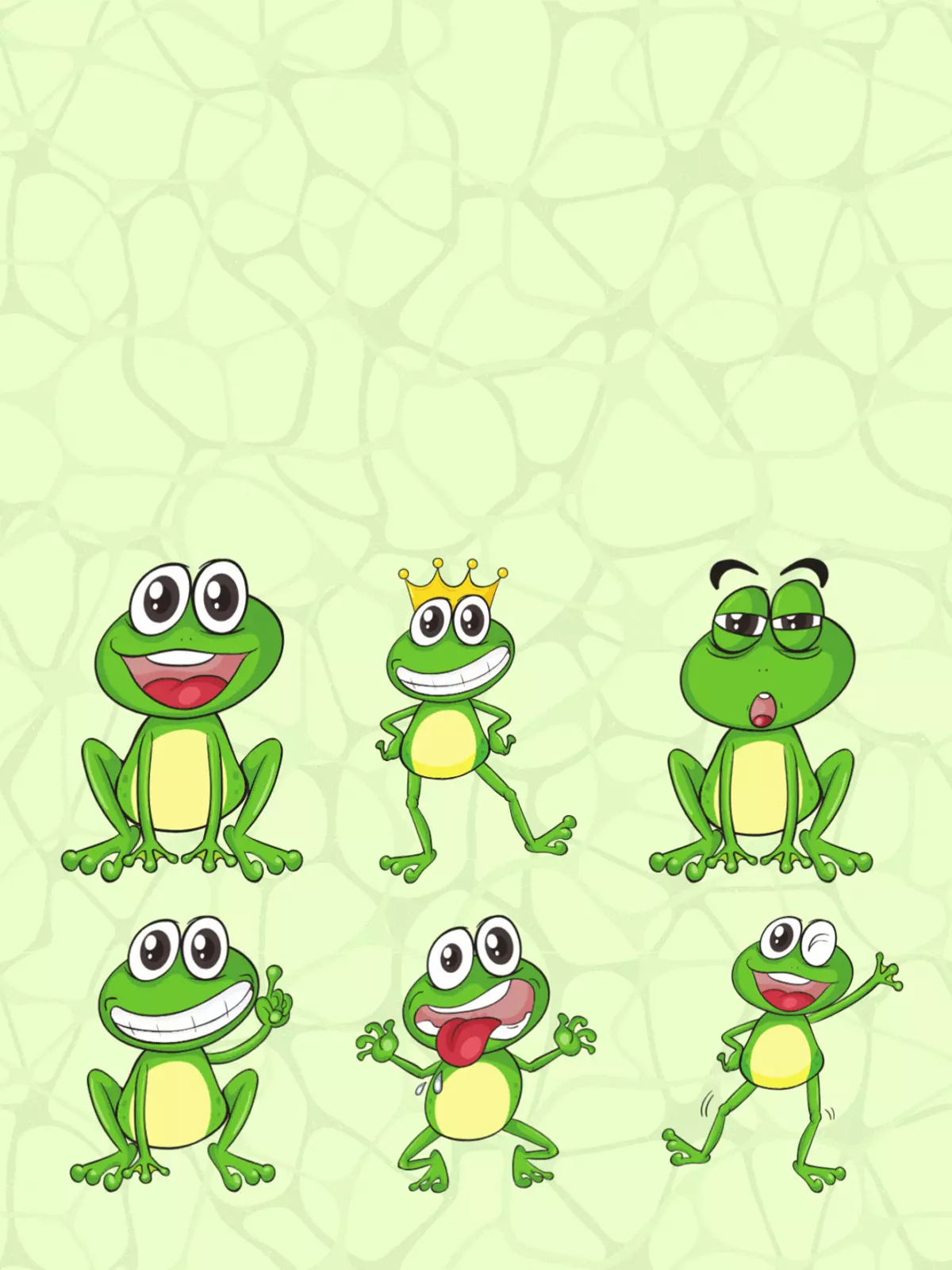 Funny cartoon birthday card featuring six animated frogs with various silly expressions, set against a light green pond background.
