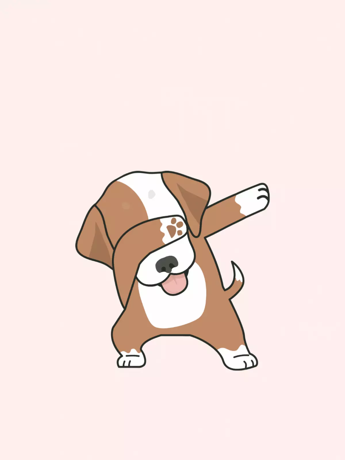 Adorable cartoon puppy birthday card with a brown and white dog doing the dab, pink background, whimsical and cute design.