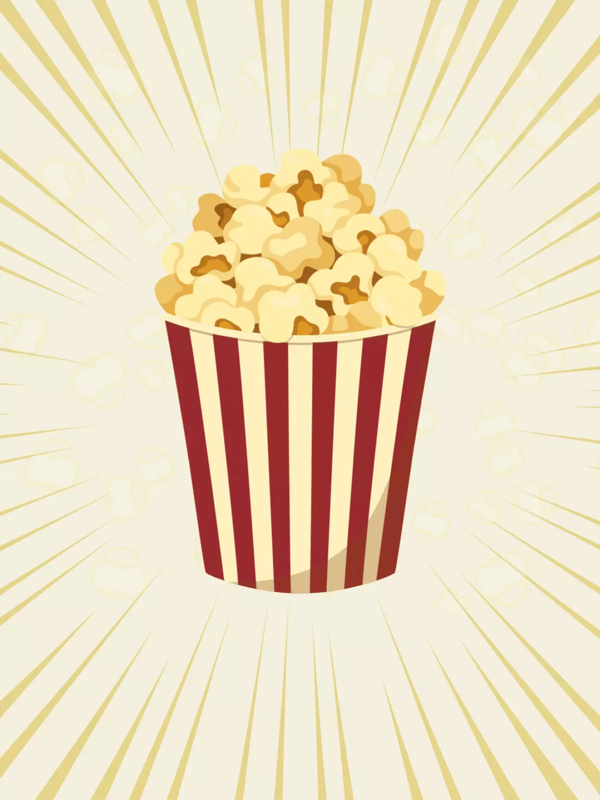 Colorful birthday card illustration featuring a striped popcorn bucket with a burst background, perfect for movie lovers and snack enthusiasts.