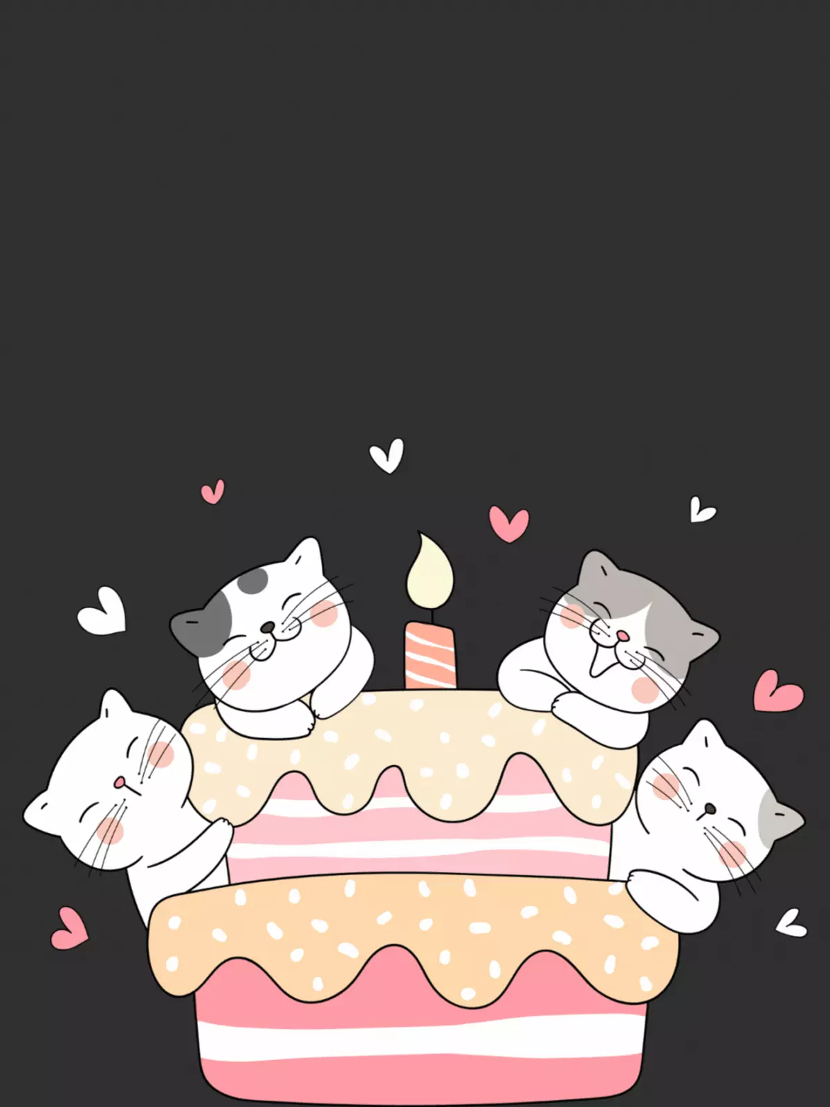 Adorable birthday card with four kittens cuddling around a pink frosted cake with a candle, surrounded by floating hearts, whimsical pastel design