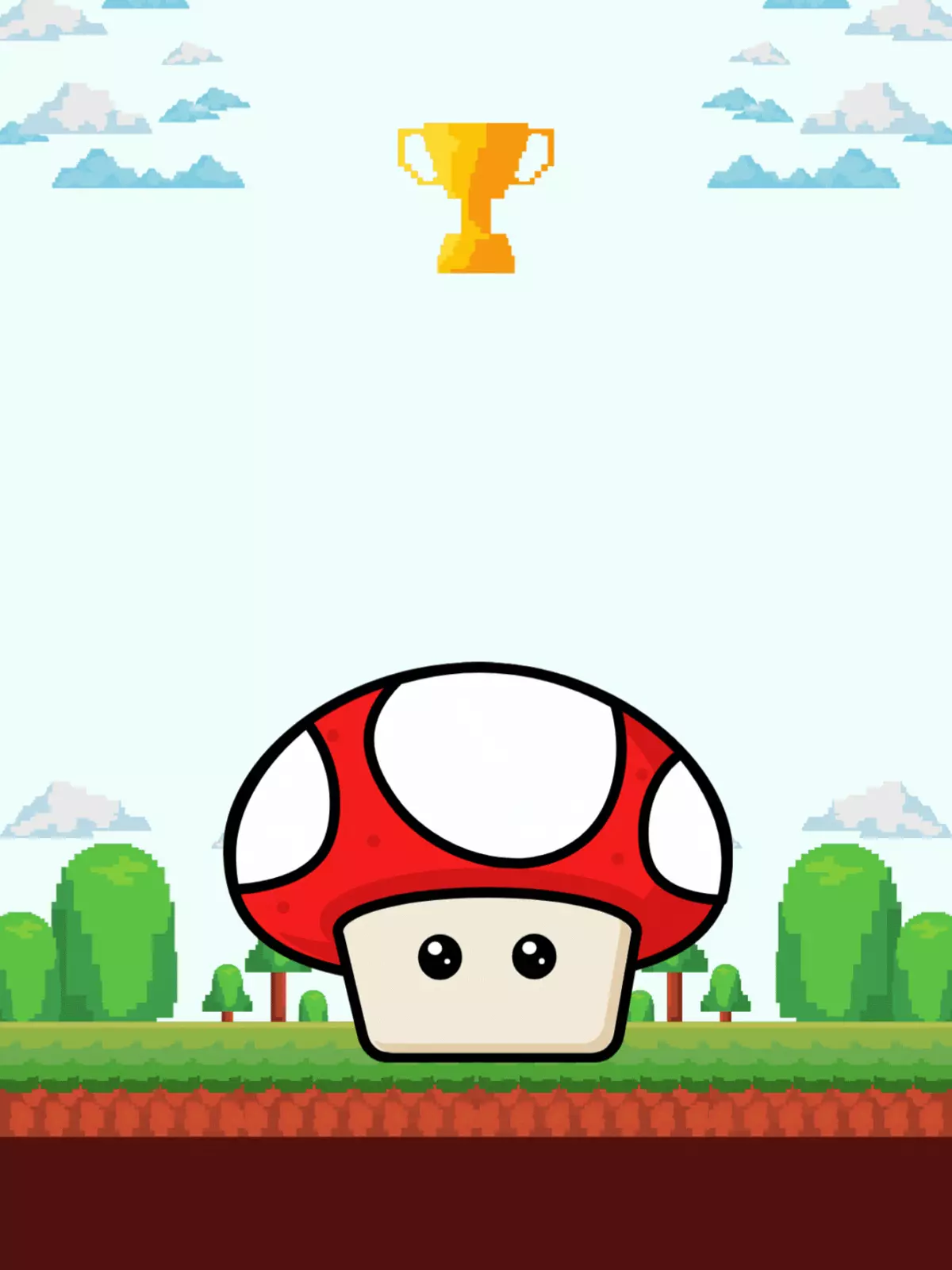 Whimsical birthday e-card featuring a red mushroom character, pixelated landscape, and golden trophy, video game theme, fun and playful design