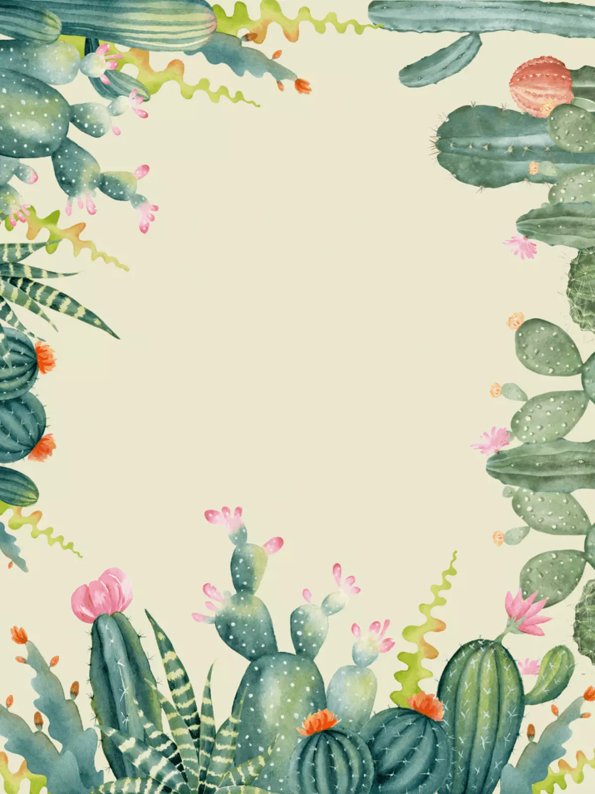 Watercolor birthday card featuring a border of cacti and succulents with pink and orange flowers, light beige background, artistic design.