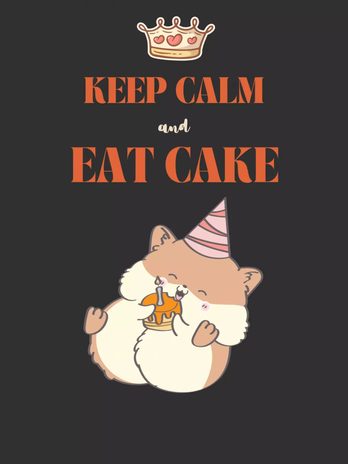 Cute cartoon birthday card featuring a hamster in a party hat holding a cake with a candle, 'Keep Calm and Eat Cake' slogan, whimsical style