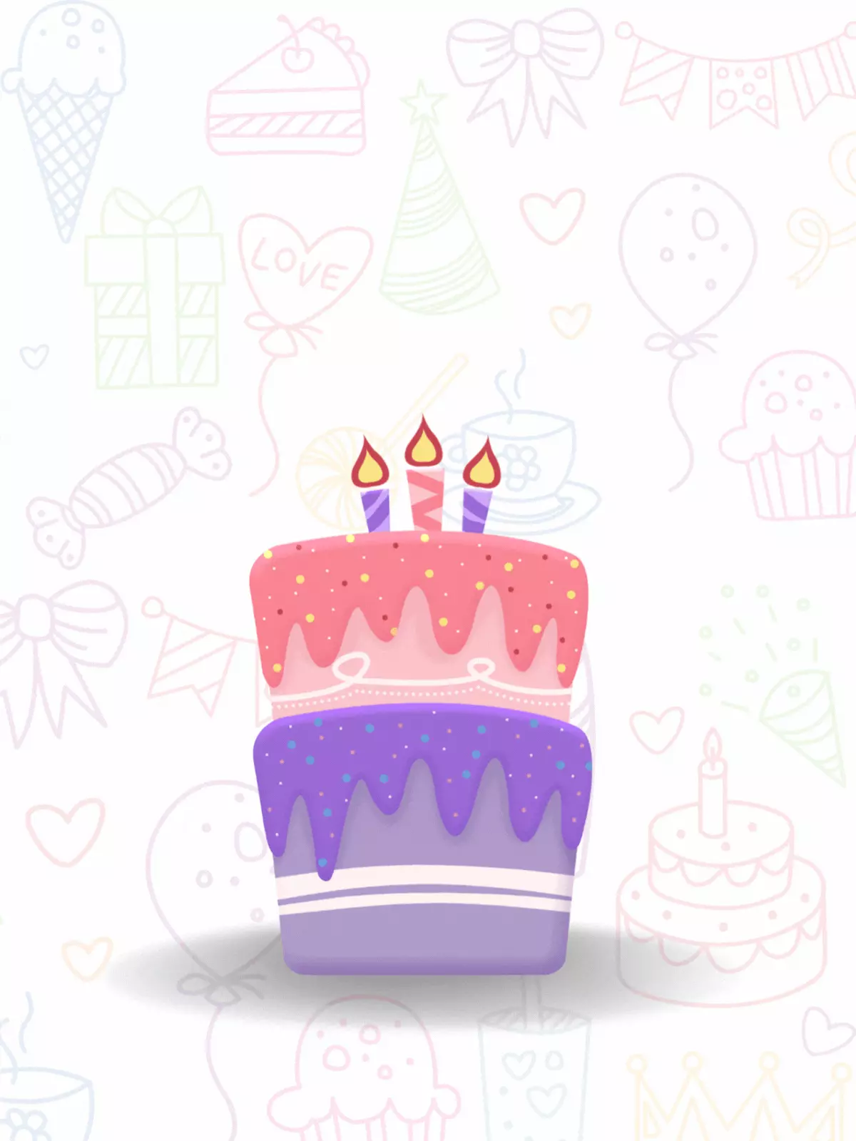 Illustration of a colorful two-tiered birthday cake with pastel party decorations, candles, and sprinkles, perfect for a kids birthday card.