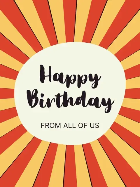 Bright and colorful birthday card featuring a vibrant orange and yellow sunburst pattern with a playful 'Happy Birthday' message, perfect for sending celebratory wishes.