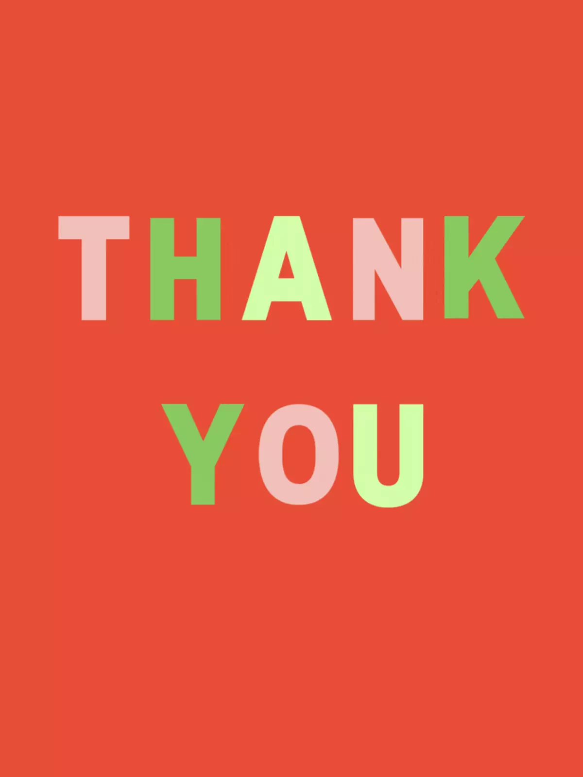 Vibrant thank you card with bold green, pink, and yellow lettering on a red background, minimalist and modern design.