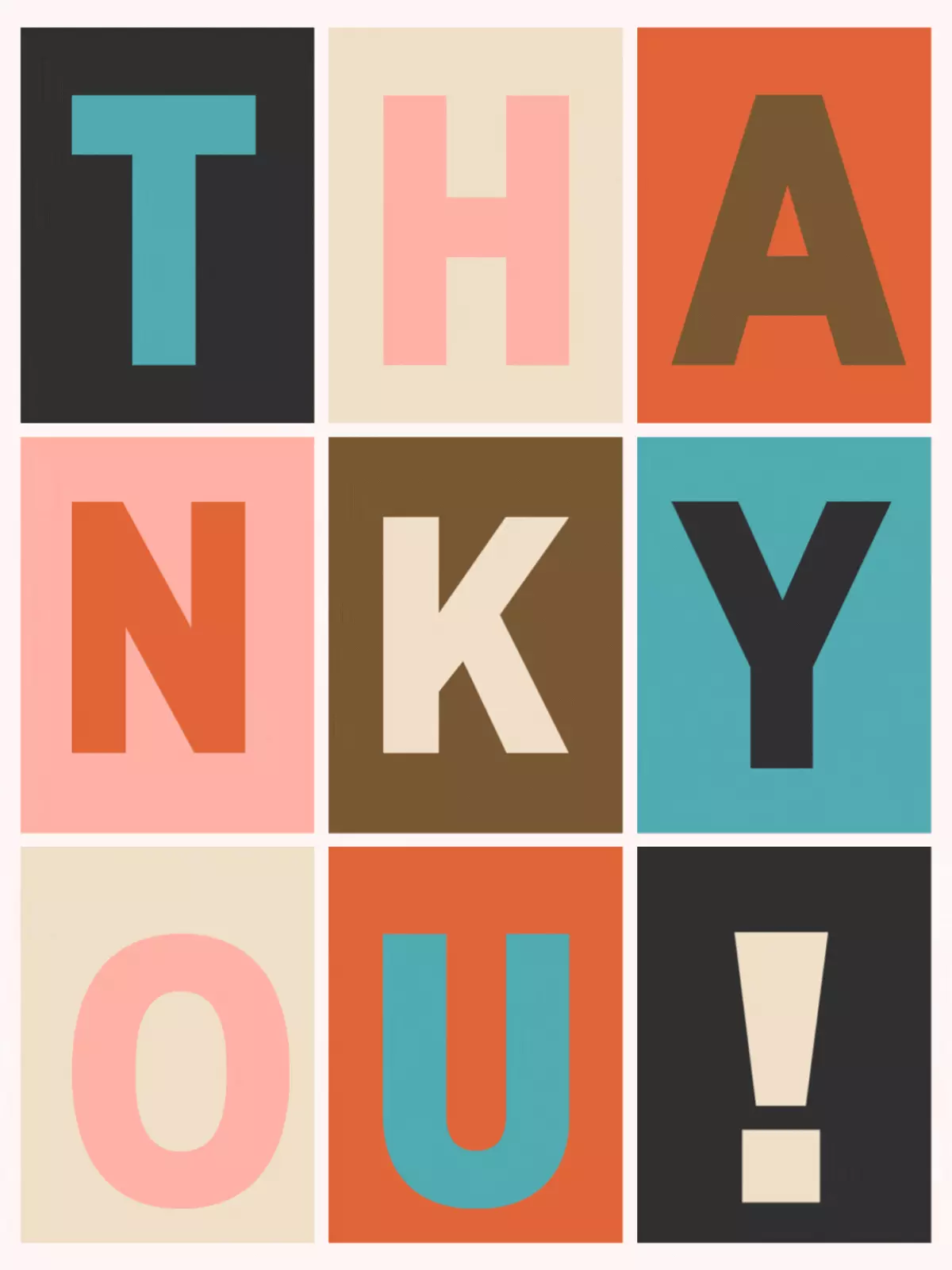 Modern thank you card featuring colorful block letters spelling "THANK YOU!" in teal, coral, cream, brown, and black squares. Geometric design for expressing gratitude.