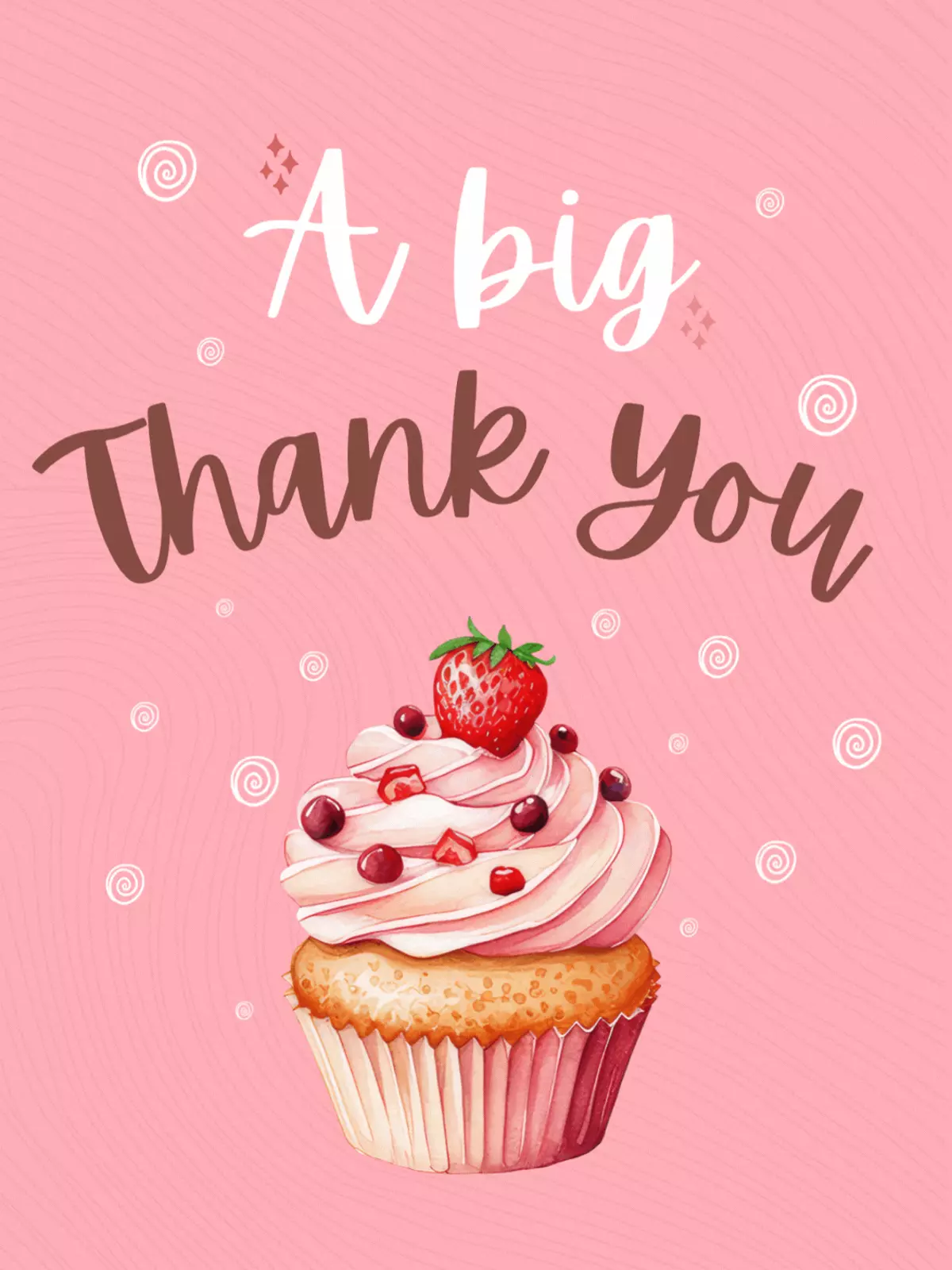 Sweet Thank You card featuring a cupcake with pink frosting, strawberries, and berries on a pink patterned background. Whimsical illustration style.