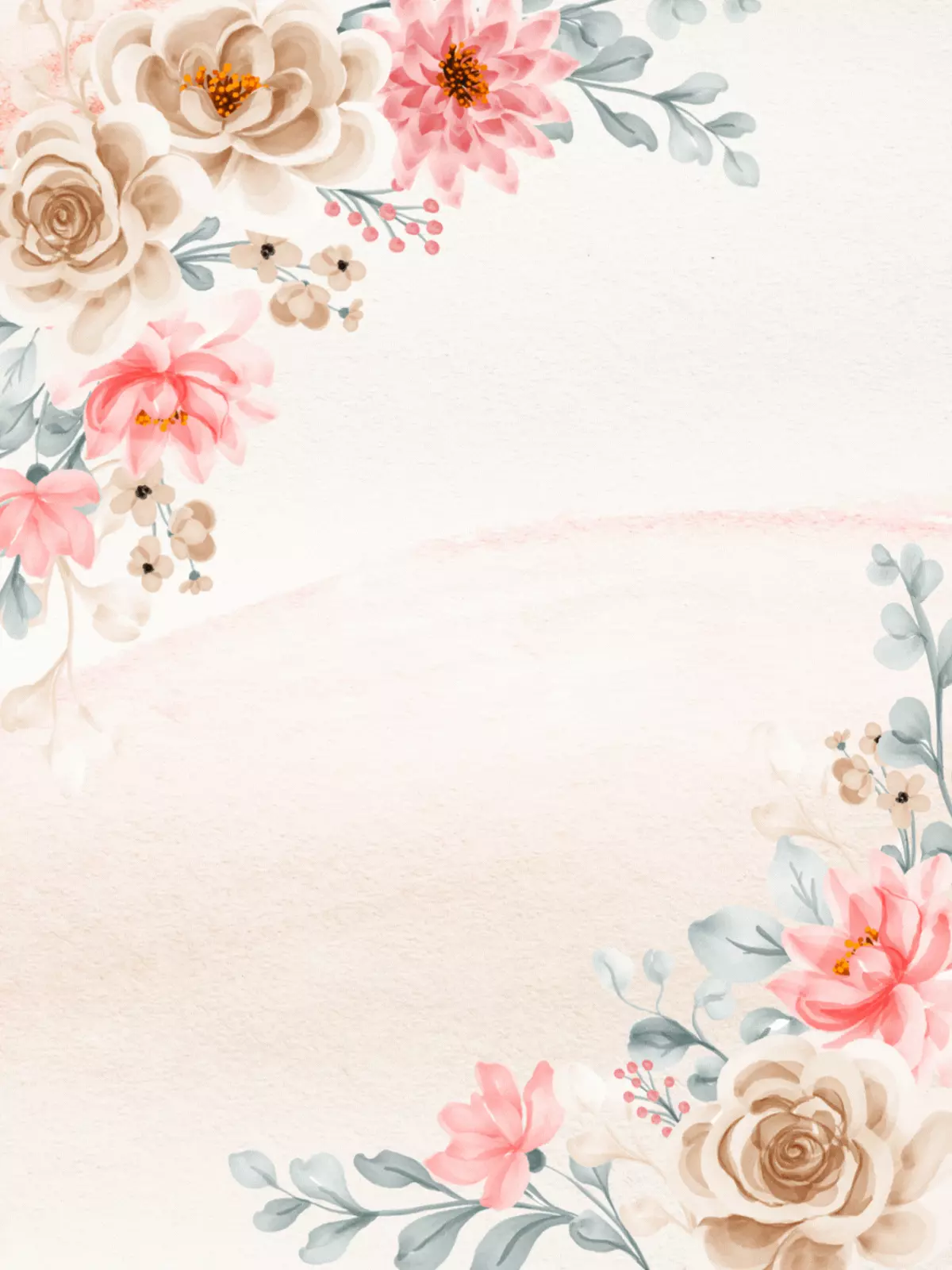 Elegant watercolor thank you card featuring beige roses, pink blossoms, and blue-green leaves framing a soft background.