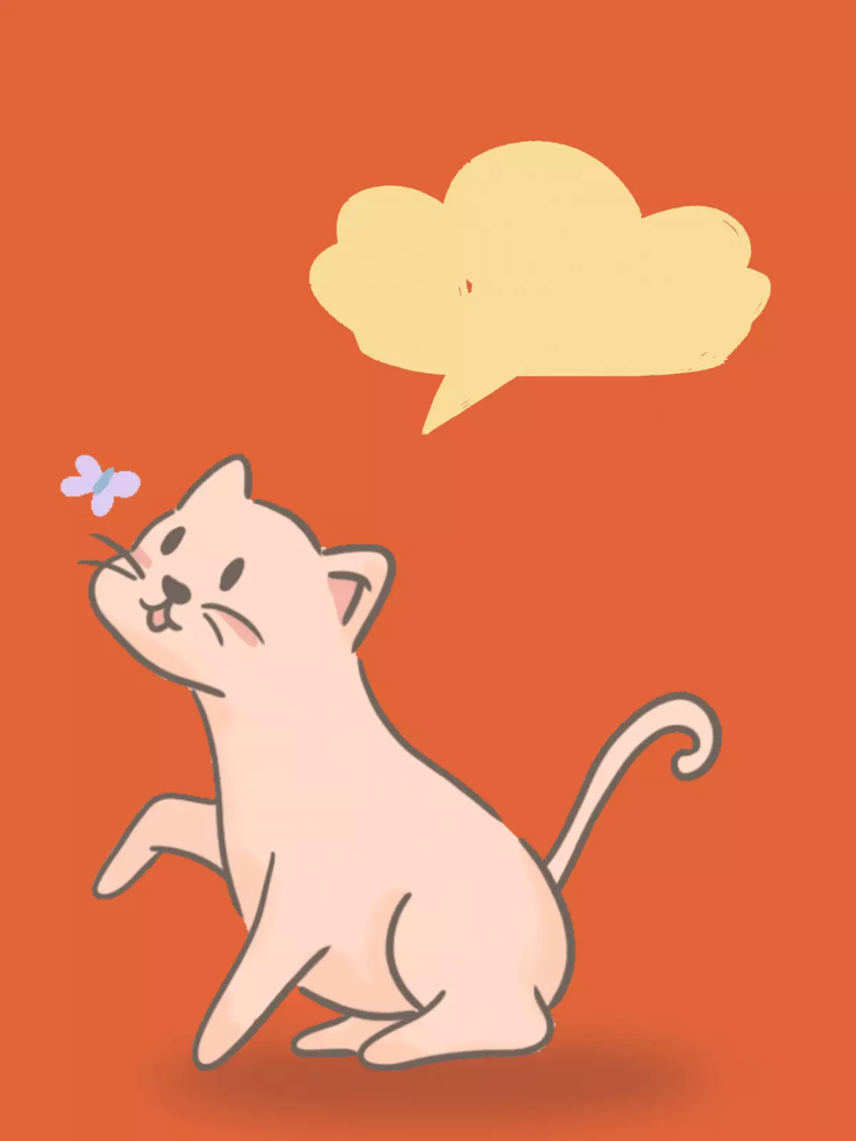 Cute thank you card featuring a cream-colored kitten reaching for a butterfly against an orange background with a yellow speech bubble for a personalized message, whimsical design.