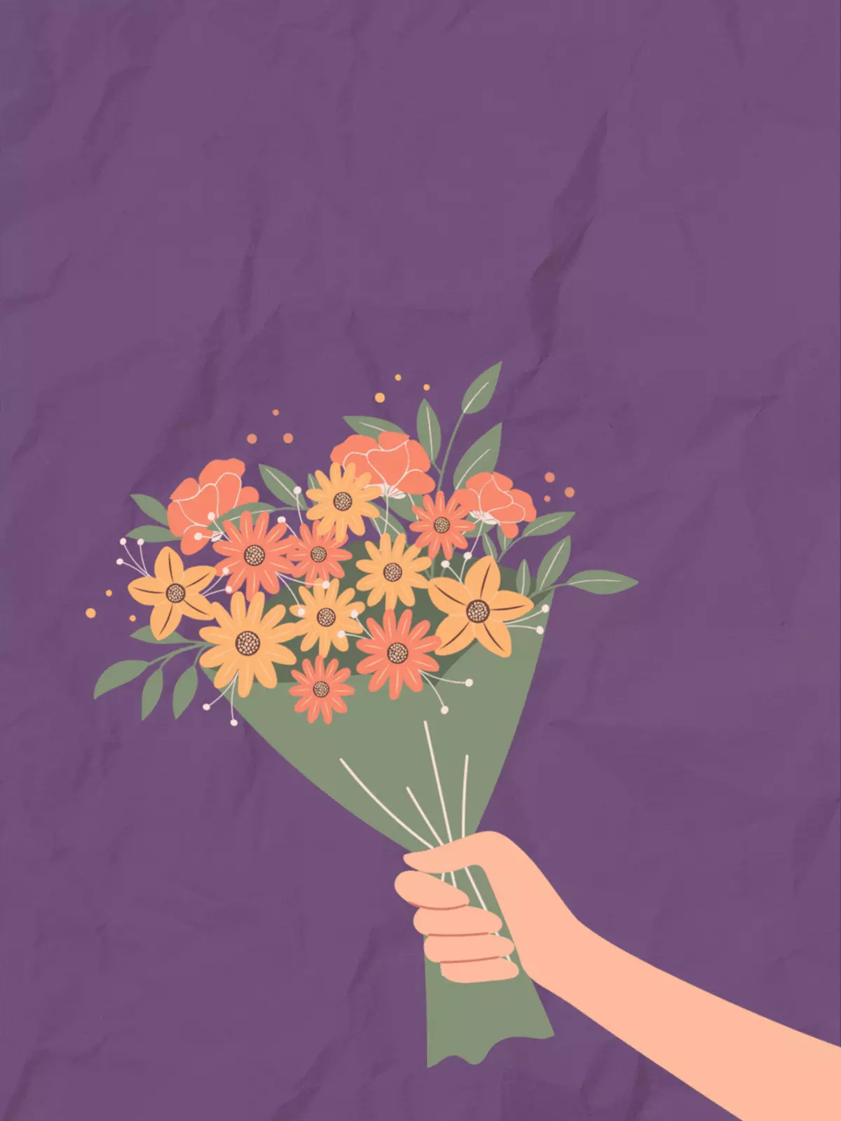 Illustration of a hand holding a colorful bouquet of orange, yellow, and pink flowers against a textured deep purple background, suitable for a thank you card.