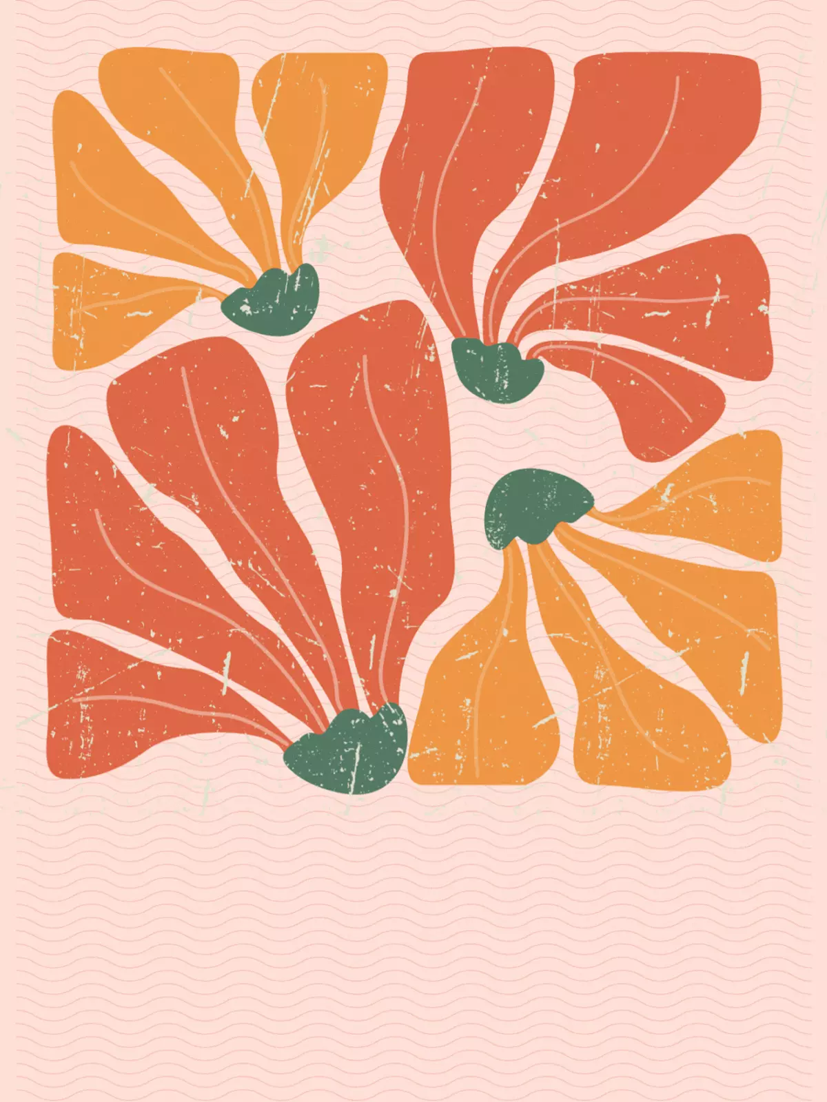 Retro floral thank you card featuring orange and mustard petals, deep green centers, and a soft pink wavy background with a textured vintage finish.