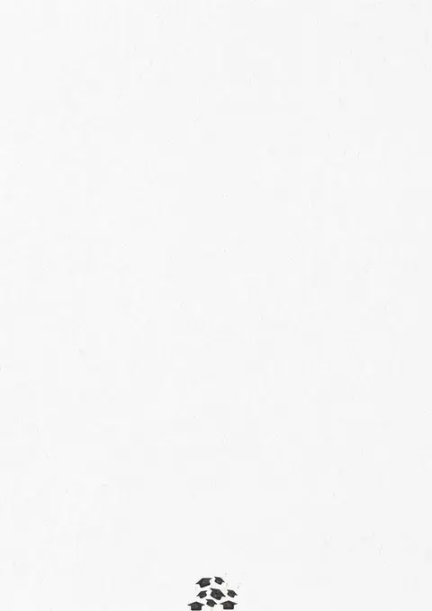 Minimalist graduation card featuring black graduation hats tossed in the air, white background, "Happy Graduation" message, celebrating academic achievement.