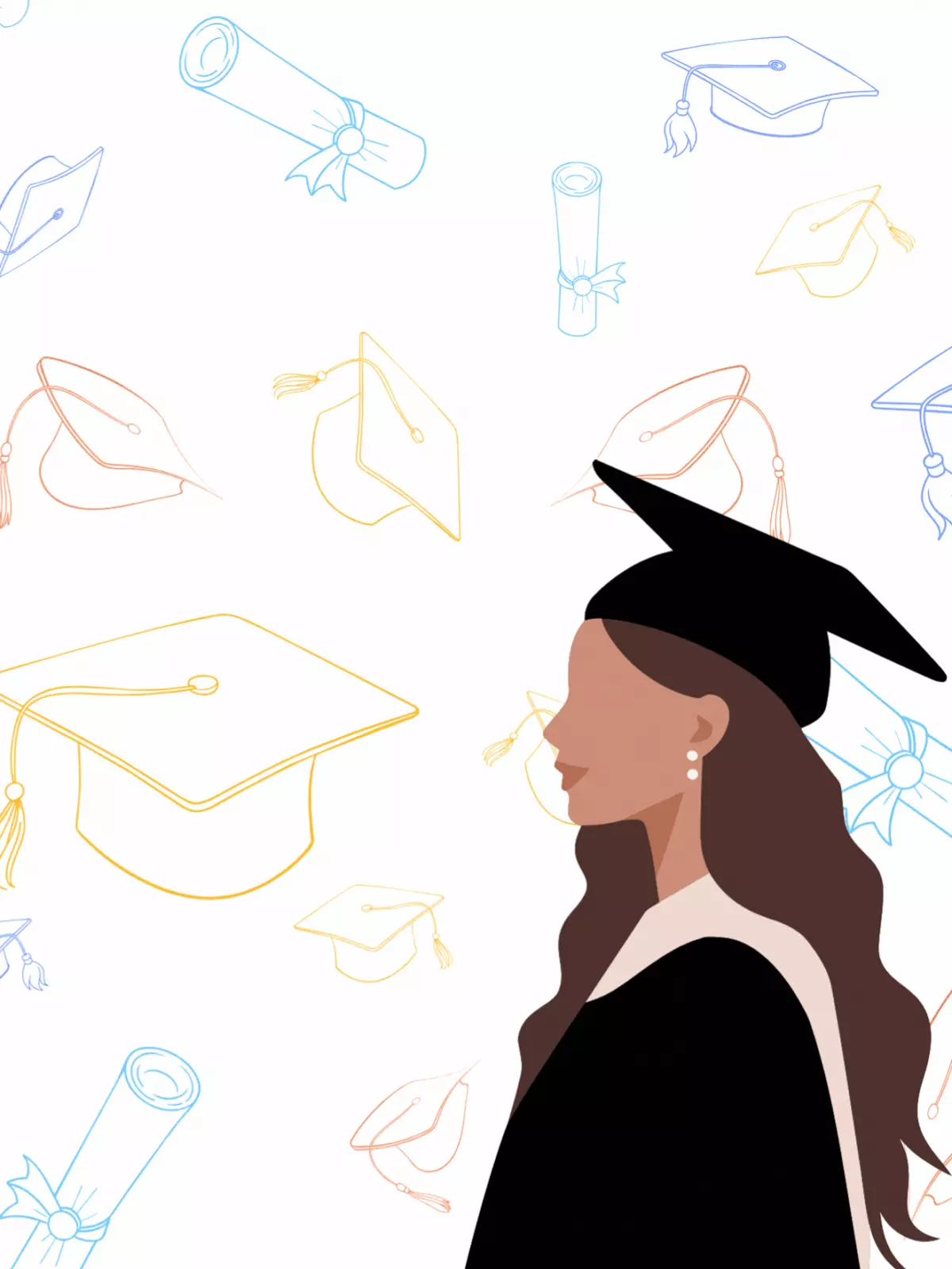 Elegant graduation card featuring a graduate in cap and gown with minimalist graduation cap and diploma line art in blue, yellow, and orange tones.