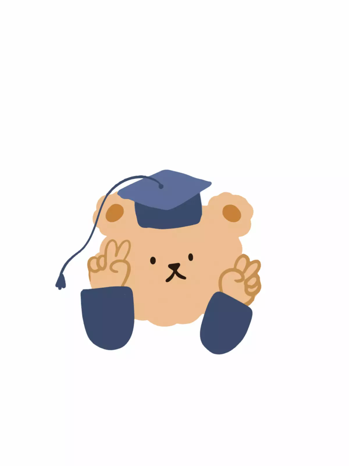Cute graduation card featuring a bear wearing a graduation cap and giving peace signs, kawaii style, for graduation celebration.