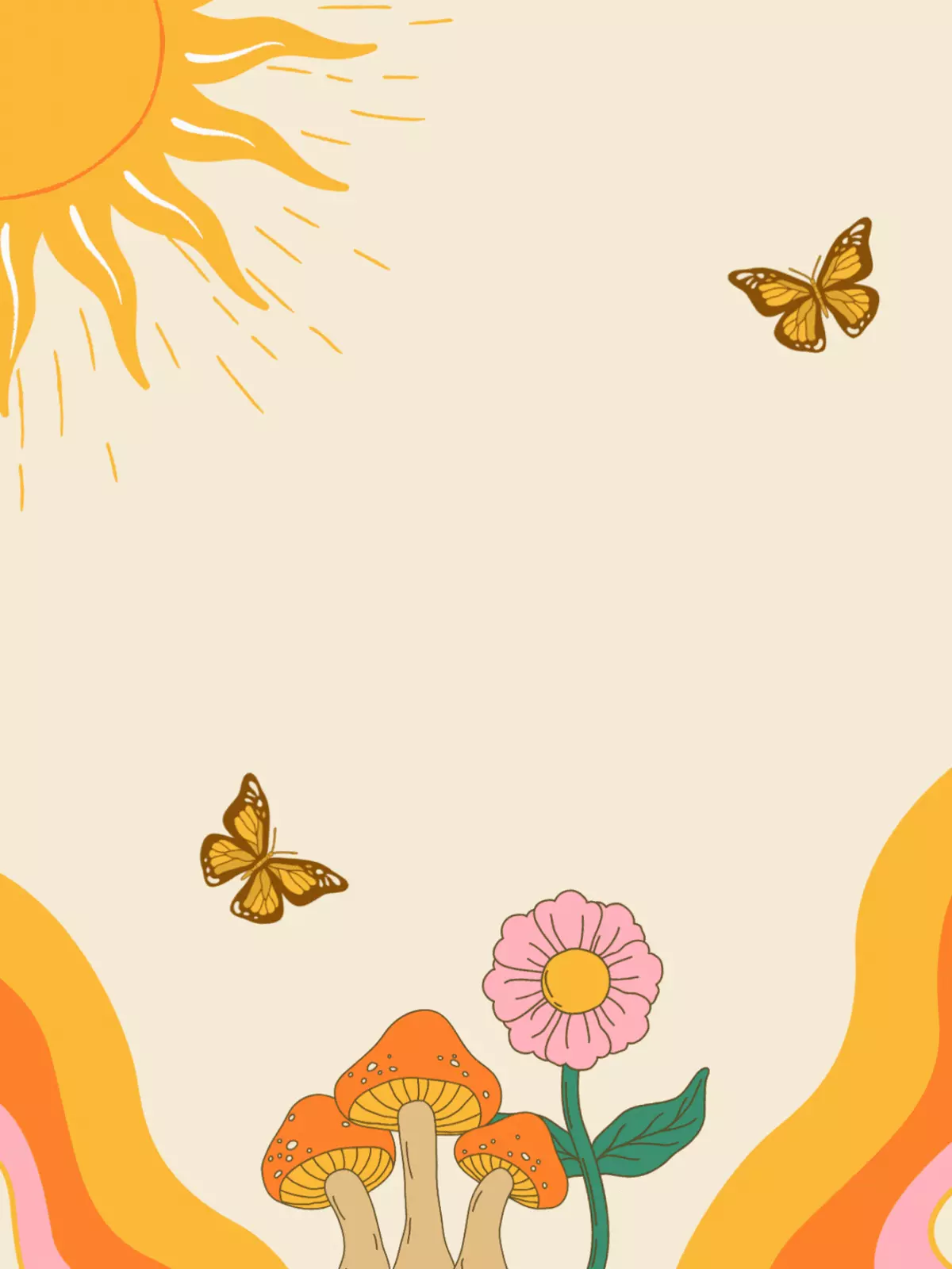 Cheerful get well card featuring a radiant sun, butterflies, retro colored mushrooms and flowers, designed to send positive vibes and brighten someone's day.