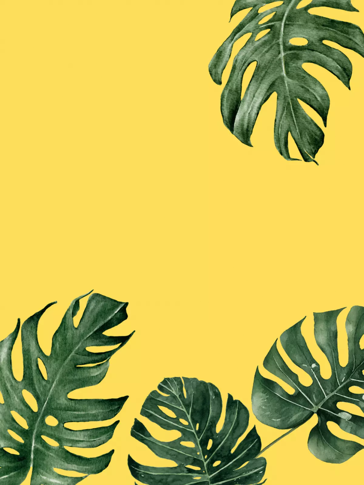Wedding card with a bright yellow background and green monstera leaves forming a tropical frame. The open center space is for a personal message.