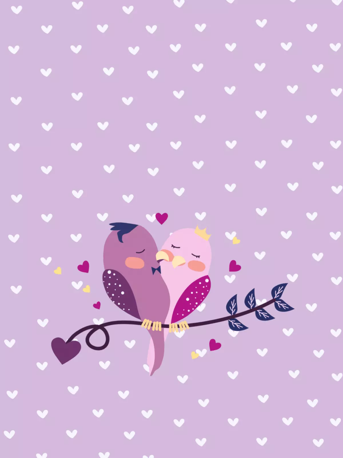 Romantic wedding card featuring two lovebirds on a branch with heart patterns, soft lavender background, conveys affection and togetherness.