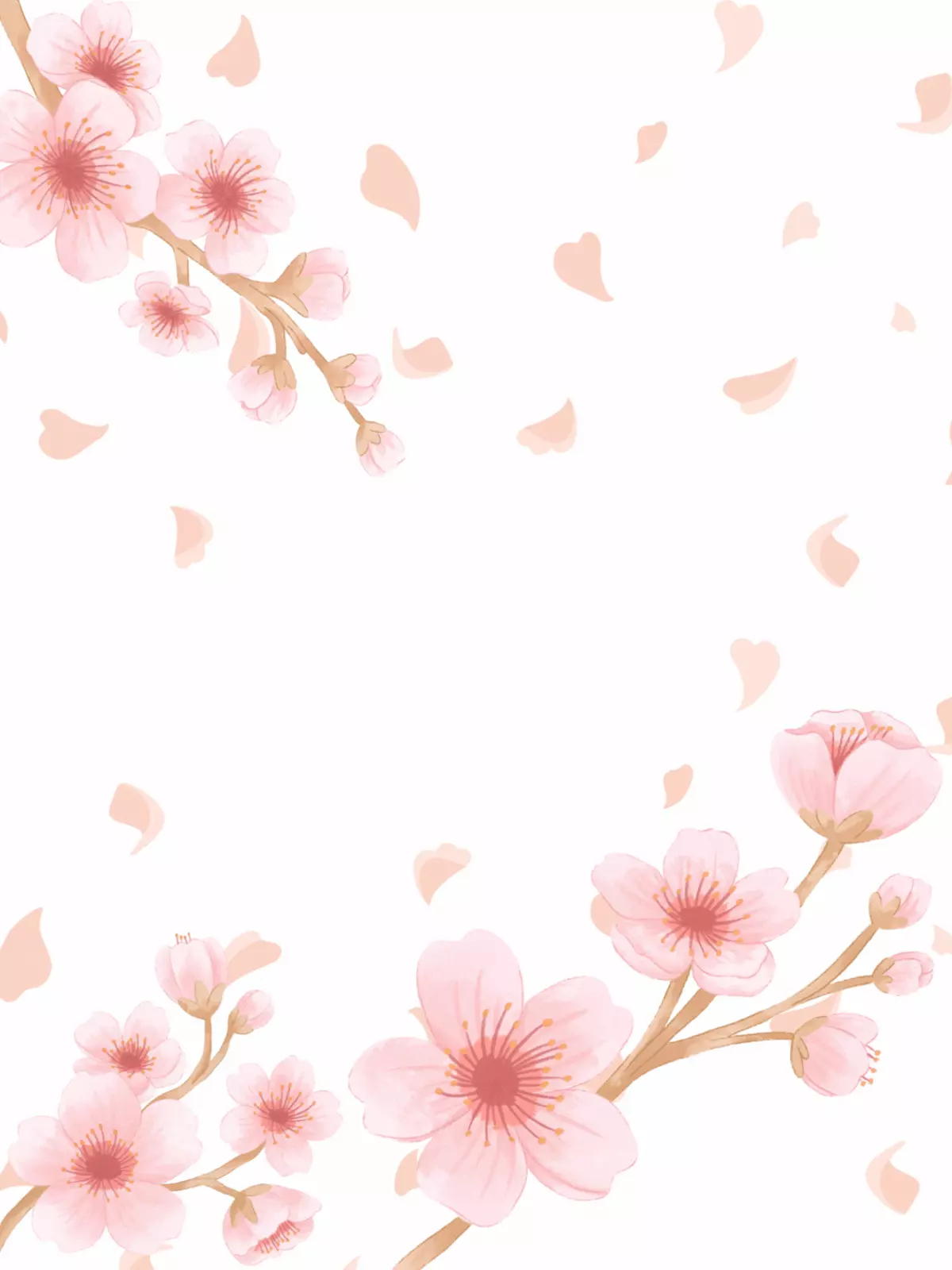 Elegant wedding card featuring soft pink cherry blossoms with falling petals on a white background, pastel color palette, floral design style.