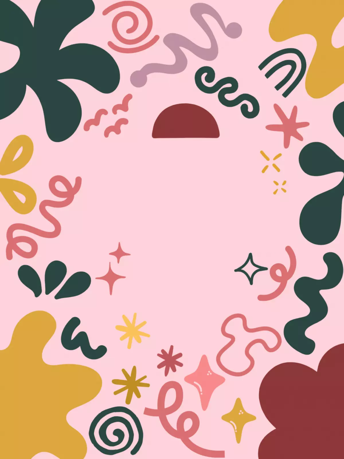 Colorful abstract wedding card with vibrant shapes, swirls, and doodles on a pink background, modern and energetic design for wedding celebrations