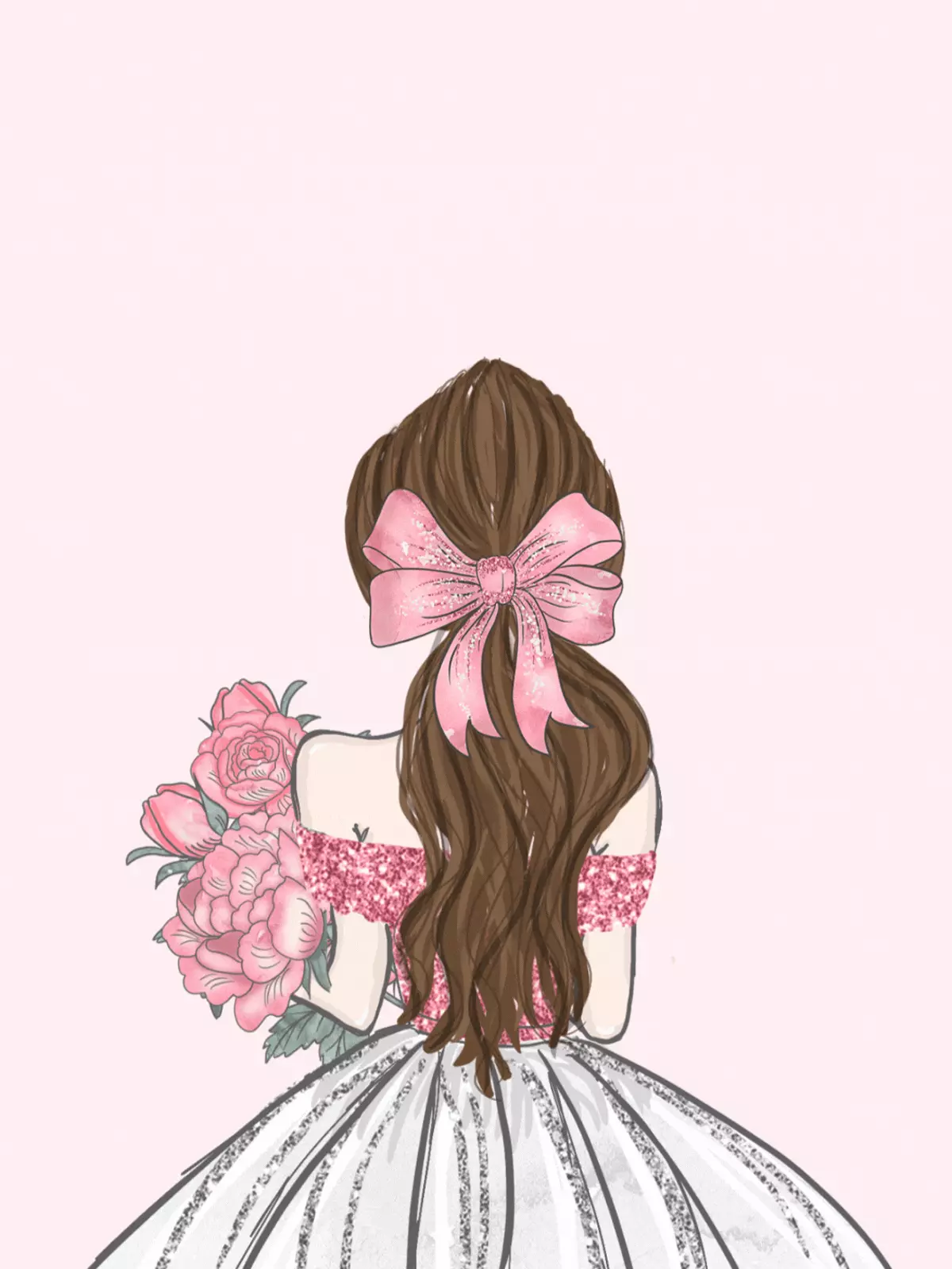 Elegant wedding card illustration of a girl with brown hair and a pink bow holding pink roses, wearing a glitter gown, soft pastel colors, romantic style.